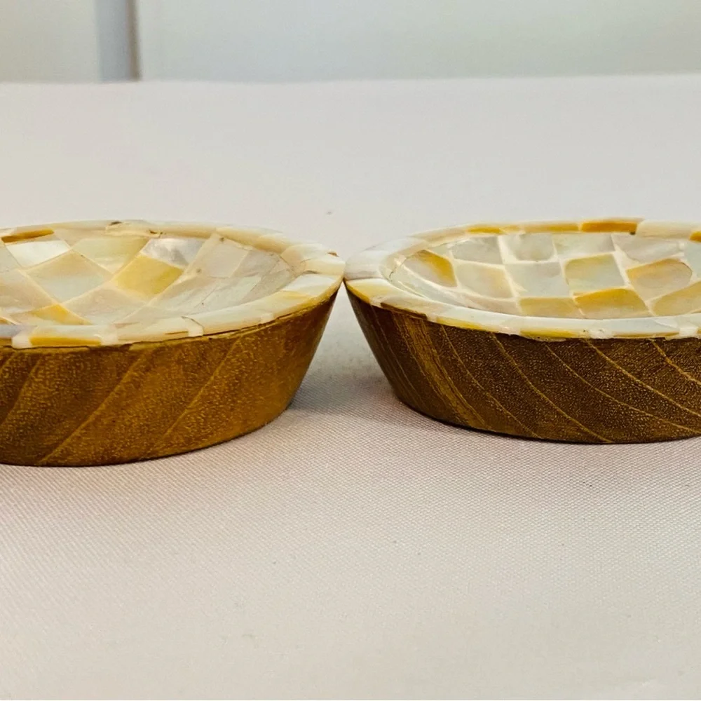 Mother of Pearl Inlay Wooden Caviar Dish Butter Pat Trinket Dishes Shell BOHO